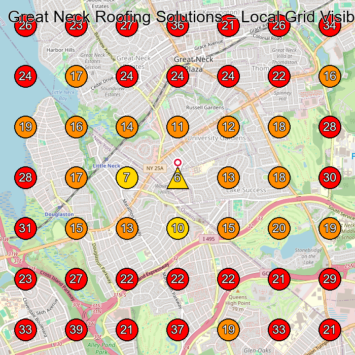 Great Neck Roofing Solutions GeoGrid visibility map for Roofing Contractor in Great Neck